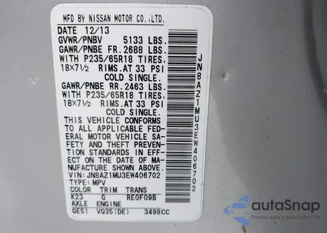 2014 Nissan Murano Sl from USA, damaged, VIN JN8AZ1MU3EW406702